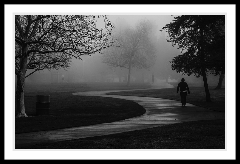 Man walking alone in the park on a foggy morning.